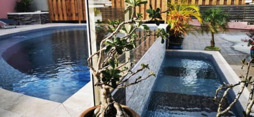 Espace piscine de la Résidence B&L Lagon avec zones de détente, plantes tropicales et vue sur le jardin à Sainte-Luce, Martinique