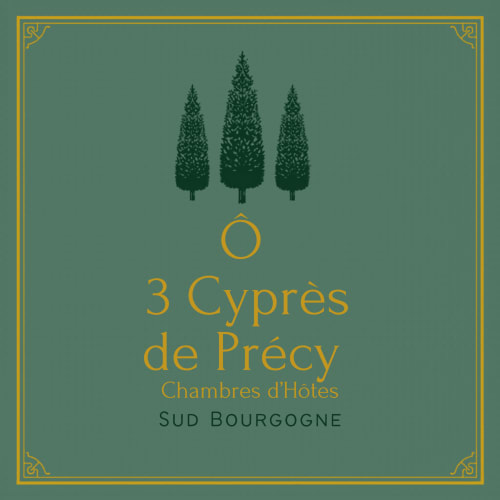 Logo de la maison d'hôtes Cyprès de Précy avec trois cyprès et texte doré, Sud Bourgogne
