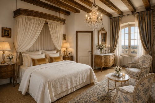 Chambre luxueuse au Domaine de Châlus-Chabrol à Châlus, France avec lit à baldaquin et mobilier d'époque