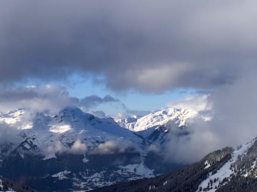 Montagnes alpines enneigées et pentes boisées entourant L'Alp'In à La Plagne Tarentaise