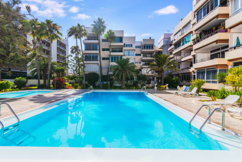 Kristallklares Schwimmbecken mit Liegestühlen in der Apartmentanlage Home Stay Gran Canaria in Maspalomas, umgeben von Palmen