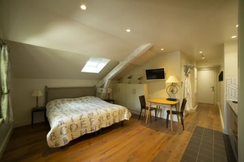 Spacieux loft studio au B&B Gare Godillot à Saint-Ouen avec lit, bureau, lucarne et parquet