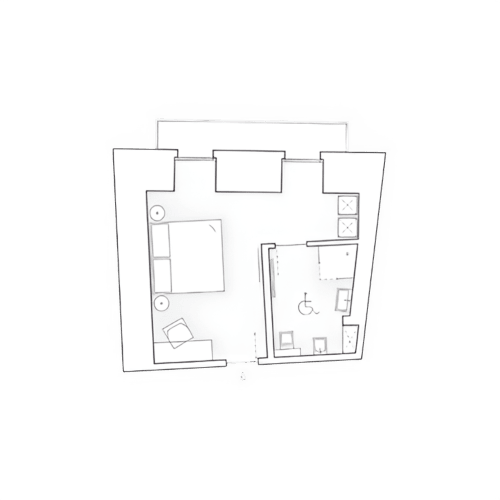 Floor plan of accessible room at Camere d'Aria B&B in Locana with bedroom, bathroom, and wheelchair facilities