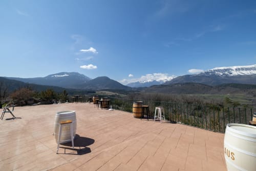 Terraza del Hotel Fonsispa con vista a montañas nevadas y viñedos de Renanué, España