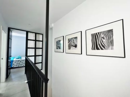 Pasillo con cuadros de cebras en marco negro en encantador apartamento de Fuengirola, conduciendo a dormitorio con vista a la ciudad
