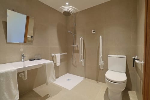 Modern accessible bathroom at Hotel Fonsispa with walk-in shower, grab bars, toilet, and sink with mirror