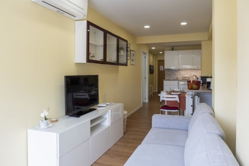 Modern open-plan apartment with living area, TV, sofa, and kitchenette at RH Charming Apartments, Braga