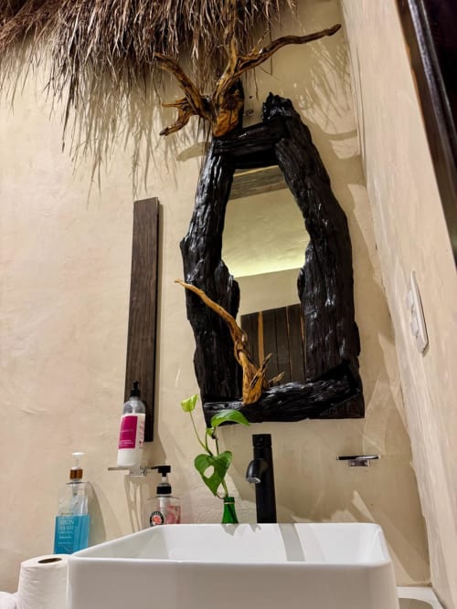 Baño moderno en Villa Tulum de Ala Residencias Chetumal con espejo de marco de madera carbonizada y decoración botánica