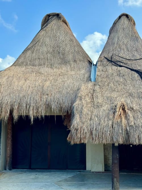 Villa con techo de palapa en Ala Residencias, Chetumal, con diseño cónico distintivo y puerta azul