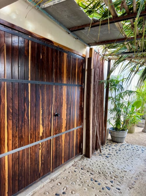 Entrada del jardín de Villa La Guardia con puertas de madera oscura y plantas tropicales en Ala Residencias, Chetumal