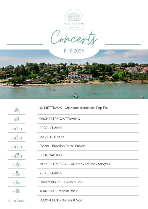 Calendrier des concerts d'été 2026 de l'Hôtel de la Plage Excenevex en bord de plage