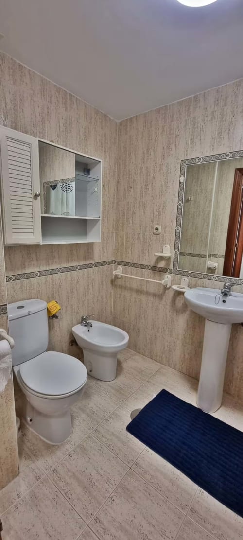 Baño moderno en apartamento de Fuengirola con inodoro, bidé, lavamanos sobre pedestal, espejo y revestimiento con textura de madera