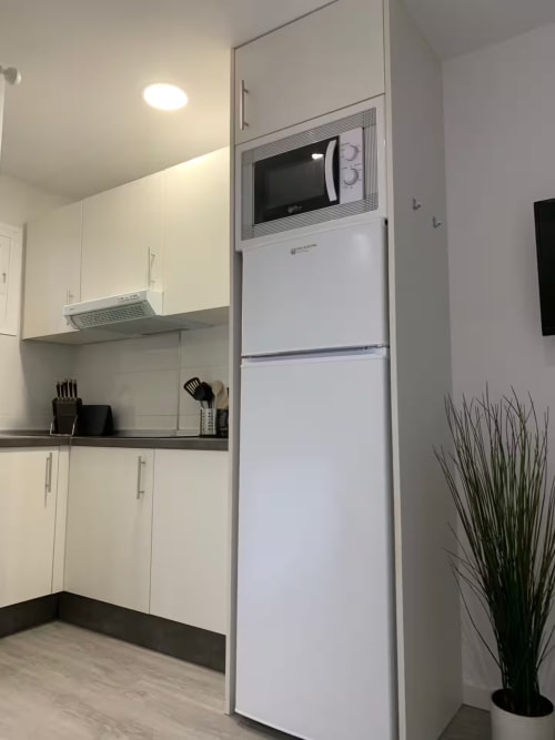 Cocina moderna con muebles blancos, microondas, refrigerador blanco y planta decorativa en apartamento de Fuengirola