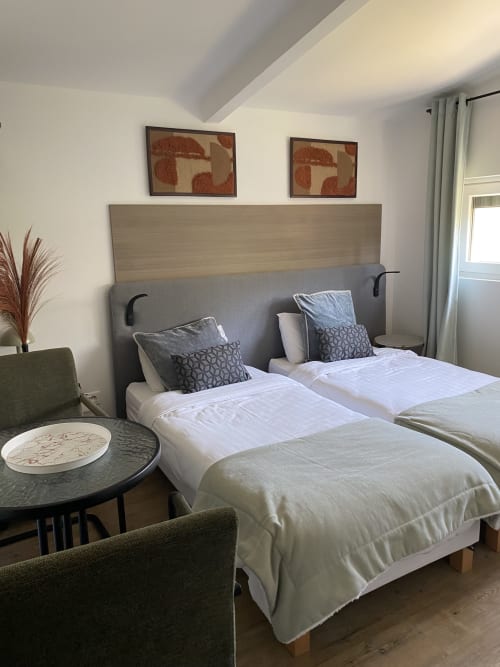 Chambre standard studio de l'hôtel Cosyade à Bourbourg avec lits jumeaux, tête de lit grise et vue sur le jardin