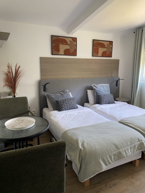 Chambre studio moderne à l'hôtel Cosyade à Bourbourg avec lits jumeaux, tête de lit grise et vue sur jardin