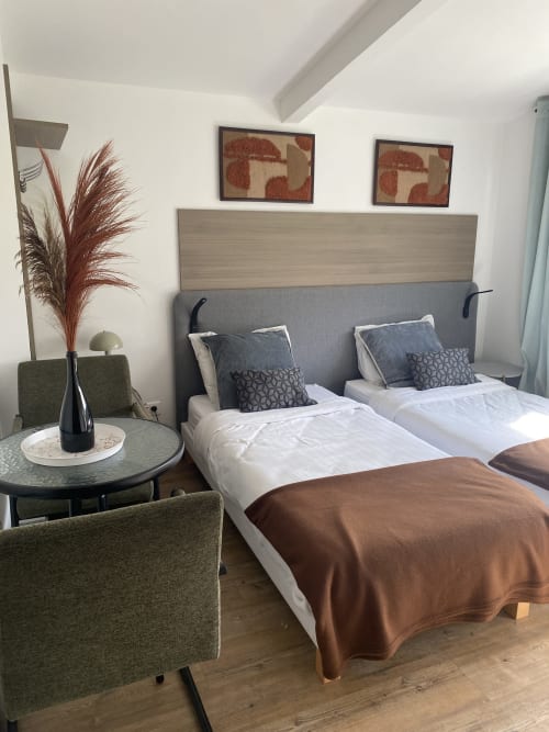 Chambre studio moderne à l'hôtel Cosyade à Bourbourg avec lits jumeaux, tête de lit grise et vue sur le jardin