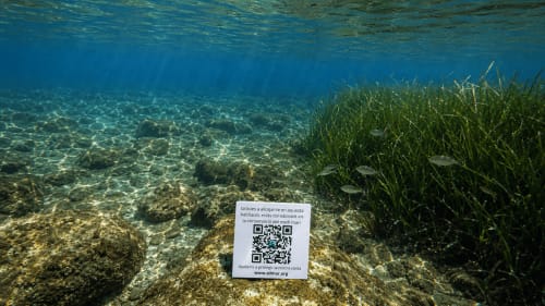 Underwater seagrass bed near Palamós with QR code marker for marine research collaboration