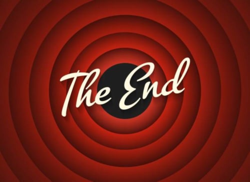 Générique de fin classique rétro avec cercles concentriques rouges et texte « The End » en blanc cursif