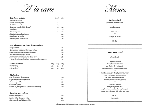 Menu français et formules du Petit Hôtel de Chaumont avec entrées, plats et options végétariennes.