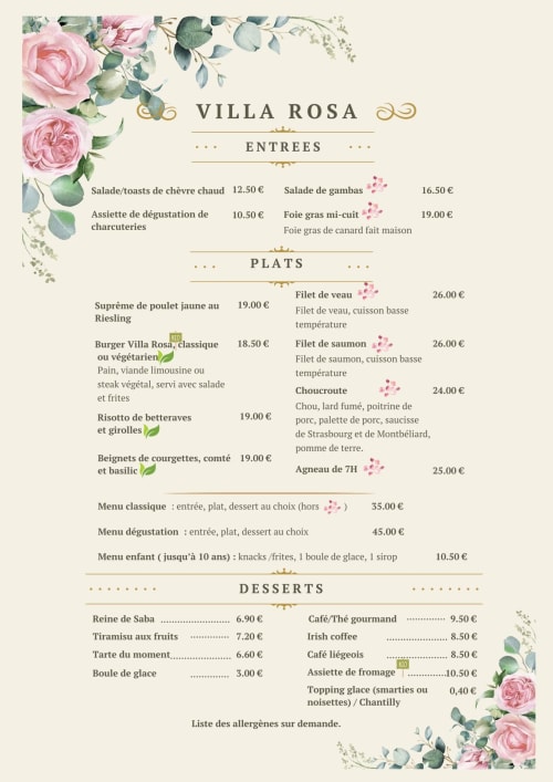 Menu du restaurant Villa Rosa de Trois Épis présentant entrées, plats et desserts avec un élégant design floral