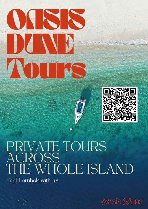 Oasis Dune private boat tours across Lombok island with pristine turquoise waters and aerial view of white boat
