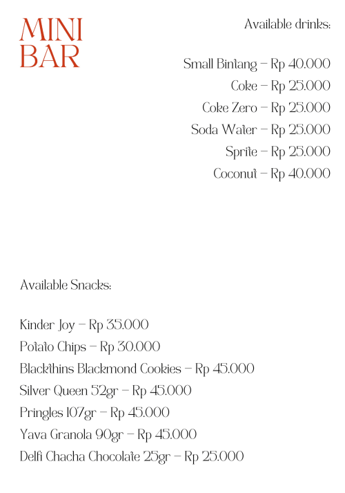 Mini Bar menu at Oasis Dune Villas villa in Lombok with drinks and snacks pricing in Indonesian Rupiah