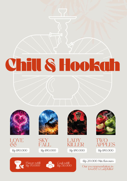 Chill & Hookah menu at Oasis Dune Villas. Four flavors displayed: Love 66, Sky Fall, Lady Killer, Two Apples, all priced at