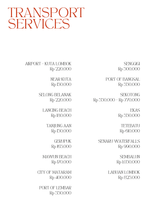 Transport Services price list for Lombok destinations including Airport, Senggigi, Sekotong, and Gili Islands