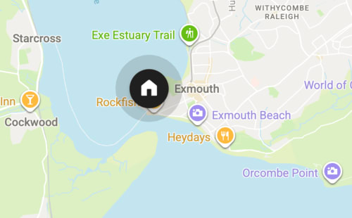 Map of Exmouth showing 2 Doves Holiday Property location near Rockfish restaurant, Exe Estuary Trail, and Exmouth Beach
