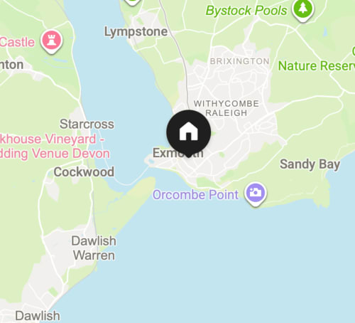 Map showing 2 Doves Holiday Property location on Pound Street in Exmouth, Devon, with nearby attractions and coastal