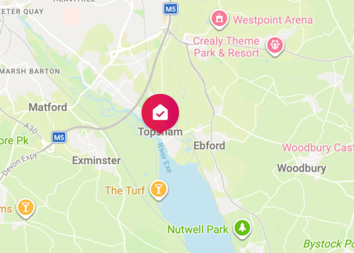 Map showing 2 Doves Holiday Property location in Topsham near Westpoint Arena and Nutwell Park, Devon UK