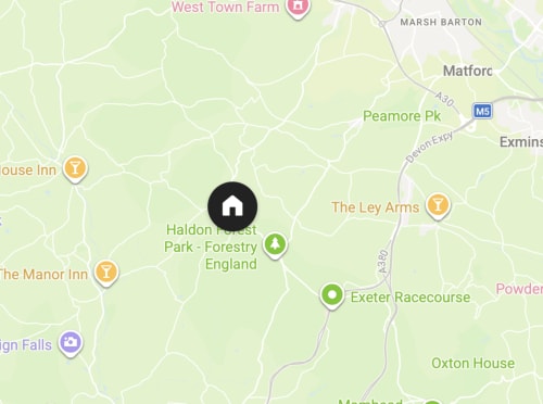 Map showing Haldon Forest Park near 2 Doves Holiday Property in Exeter, with nearby attractions including Exeter Racecourse