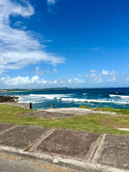 Vue côtière avec vagues turquoise et plage de sable blanc à Maly Blue Location, Le Moule, Guadeloupe