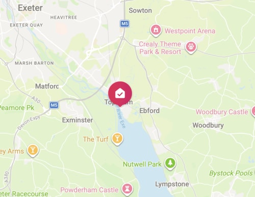 Map showing 2 Doves Holiday Property location in Topsham, Devon, near Exeter with nearby attractions marked