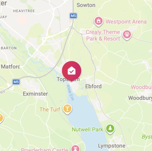 Map showing 2 Doves Holiday Property location in Topsham, Devon, near M5 motorway with nearby attractions