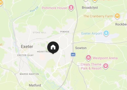 Map showing 2 Doves Holiday Property location in Exeter, UK near Heavitree, with nearby attractions including Exeter Airport
