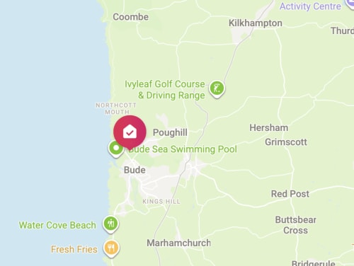 Map of Bude area showing 2 Doves Holiday Property location near Bude Sea Swimming Pool and attractions