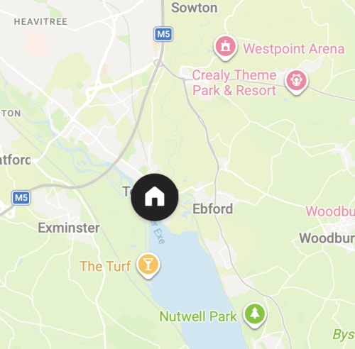 Map showing 2 Doves Holiday Property location in Topsham near Exminster, Devon with nearby attractions