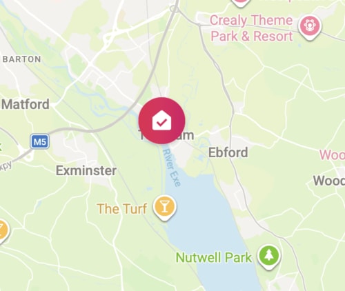 Map showing 2 Doves Holiday Property location in Topsham near Exminster, Devon with nearby landmarks