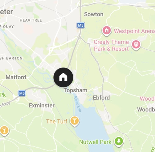 Map of Topsham showing 2 Doves Holiday Property location with nearby attractions including Westpoint Arena and Crealy Theme