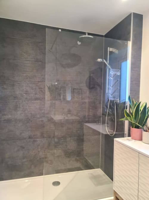 Modern bathroom with walk-in shower, dark tile walls, white basin, and potted plant at 2 Doves Holiday Property, Exeter