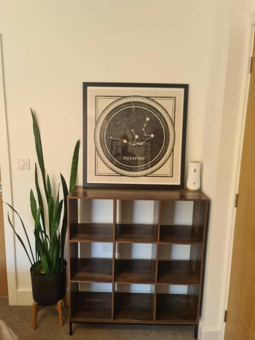 Aquarius constellation print above wooden shelving unit with potted plant at 2 Doves Holiday Property, Exeter