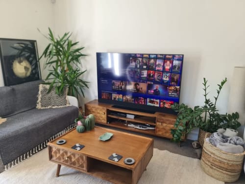 Modern living room at 2 Doves Holiday Property in Exeter with smart TV, wooden furniture, and potted plants