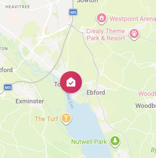 Map showing 2 Doves Holiday Property location in Topsham near Exminster, with nearby attractions including Crealy Theme Park
