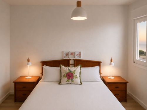 Dormitorio luminoso con cama de madera, ropa de cama blanca, cojín floral, mesitas de noche de madera con lámparas, luz colgante y vistas al mar