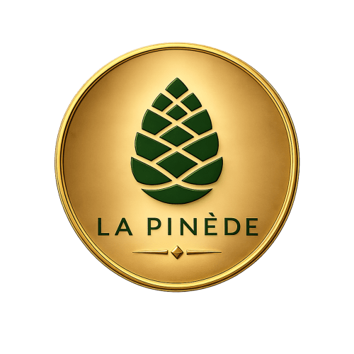 Logo de l'hôtel La Pinède avec un design de pomme de pin verte sur un badge doré circulaire, Saint-Jean-de-Monts