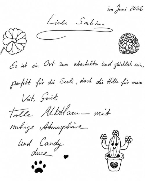 Lettre d'adieu manuscrite en allemand, fleurs, dessins de cactus et empreinte de patte, datée de juin 2026