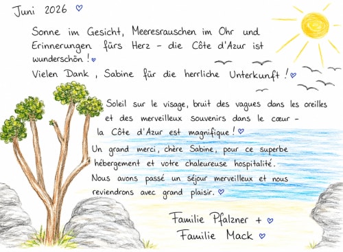 Note de remerciement manuscrite d'hôtes avec illustrations de la Côte d'Azur : arbres, soleil et mer