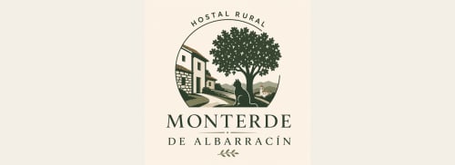 Logo de Hostal Monterde de Albarracín con arquitectura rural y emblema de encina