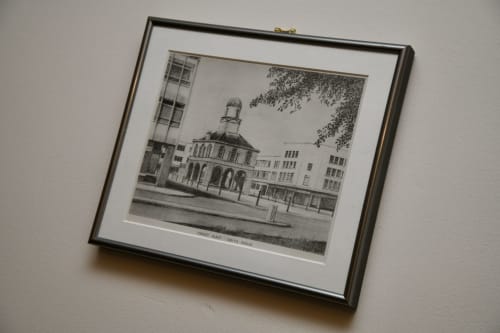 Framed black and white sketch of historic South Shields town hall with dome and surrounding buildings